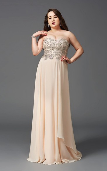 A-line Floor-length Sweetheart Sleeveless Chiffon Beading Pleats Brush Train Dress