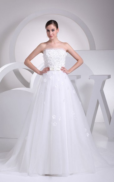 Strapless Pleated A-Line Dress With Floral Top and Tulle Overlay
