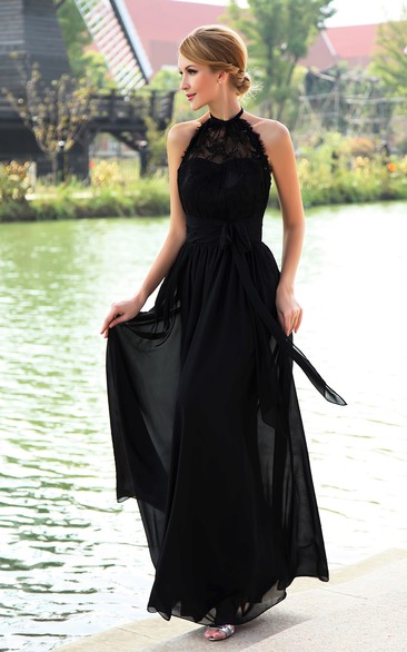 Chiffon High-Neck Strapless Floor-Length Dress With Halter