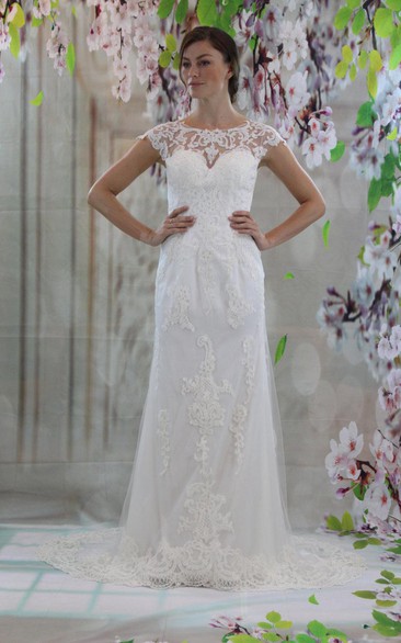 Sheath Short Sleeve Tulle Dress With Jewel Neckline and Illusion Back