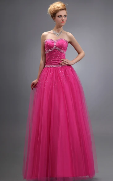 Strapless Tulle Long Dress With Beadings and Lace-Up Back