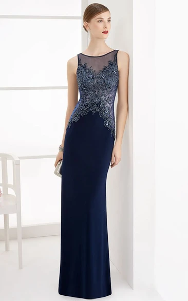 Jewel Neck Sleeveless Sheath Long Prom Dress With Beaded Lace Top