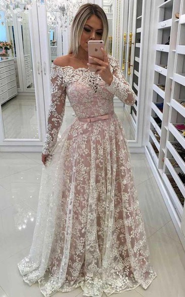 A-Line Lace Off-the-shoulder Long Sleeve Button Dress