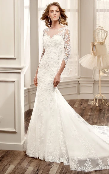 3-4-Sleeve Mermaid Lace Wedding Dress With Illusion Back And Court Train