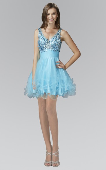 A-Line Short V-Neck Sleeveless Tulle Satin Dress With Ruffles And Crystal Detailing