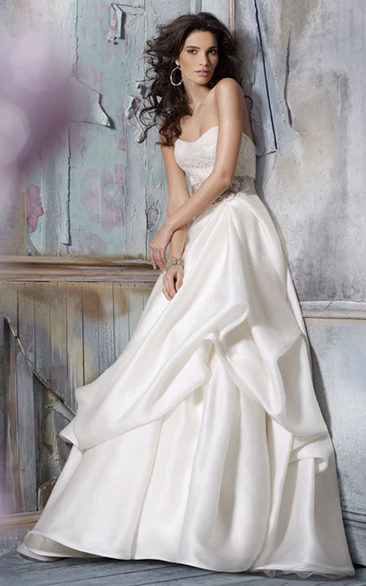 Glamorous Strapless Lace Bodice Satin Organza Pick-up Ball Gown