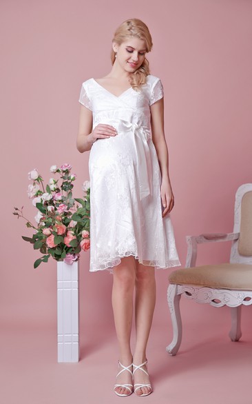 Cap Sleeve A-line Knee Length Lace Dress With Bow