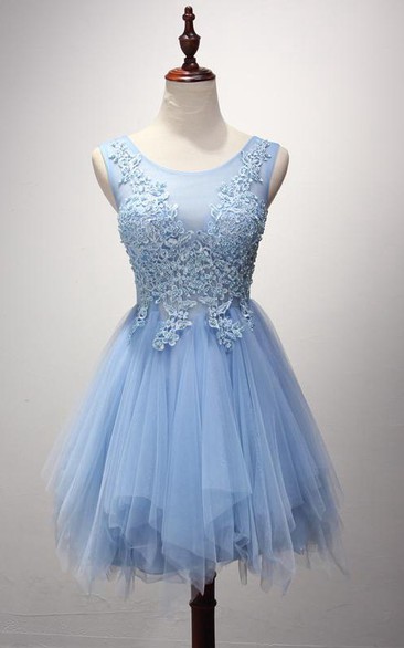 Strapless Scoop Neck Short A-Line Tulle Dress With Applique Bodice 