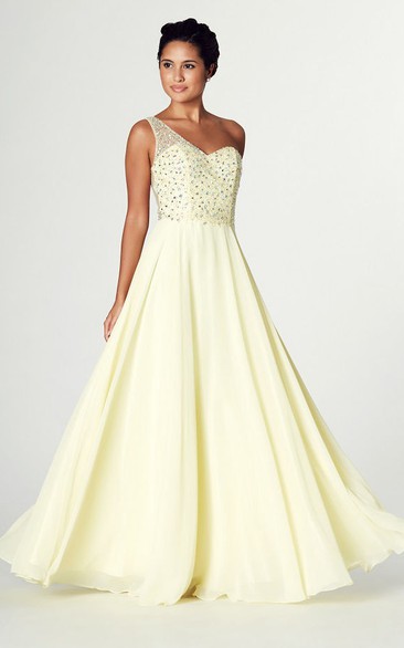 Sleeveless Beaded One-Shoulder Chiffon Prom Dress