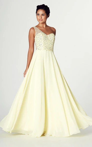 Sleeveless Beaded One-Shoulder Chiffon Prom Dress