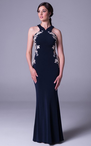 Sheath Maxi Sleeveless Appliqued Jersey Prom Dress