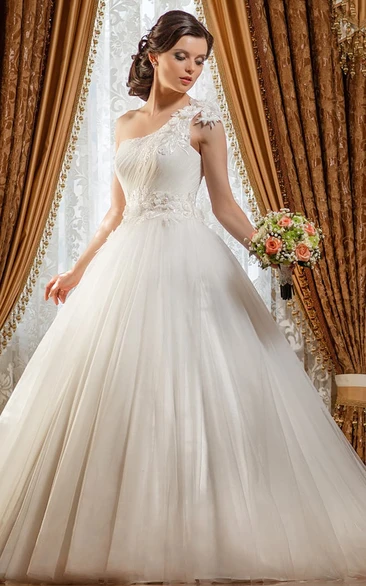 Ball Gown Long One-Shoulder Sleeveless Lace-Up Tulle Dress With Flower And Ruching