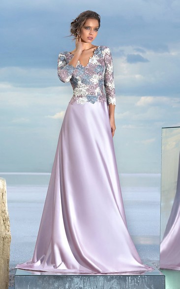 A-line Floor-length V-neck Long Sleeve Satin Low-V Back Dress