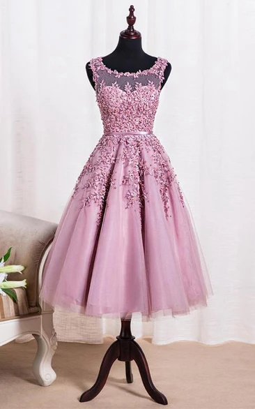 Elegant Scoop Tea Length Dress With Applique Pearls