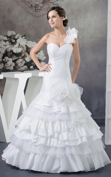 One-Shoulder A-Line Sweetheart Tiers and Gown With Flower