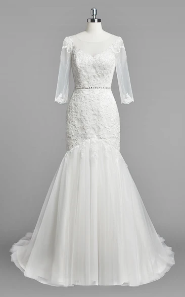 Scoop Neck 3-4 Sleeve Mermaid Lace and Tulle Wedding Dress With Beading