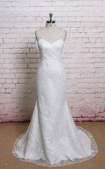 Lace V-Neck Trumpet Sleeveless Dress With Low-V Back