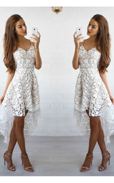 A-line Sleeveless Lace Spaghetti High-low Homecoming Dress