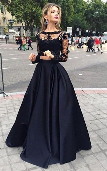 Ball Gown Long Sleeves Bateau Satin Floor-Length Dresses