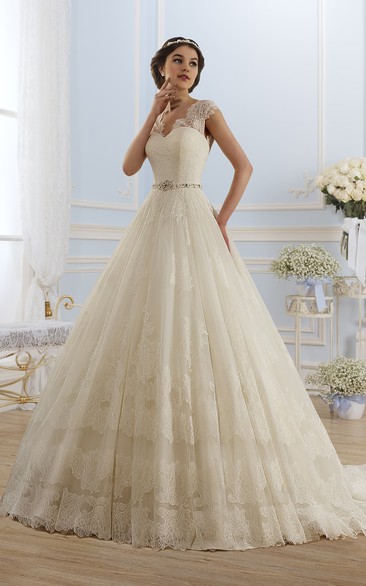 Ball Gown Floor-Length V-Neck Cap-Sleeve Keyhole Lace Dress With Appliques And Pleats