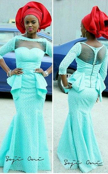 Hot Sale Blue 3-4 Sleeve Evening Dress Floor Length