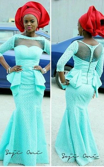 Hot Sale Blue 3-4 Sleeve Evening Dress Floor Length