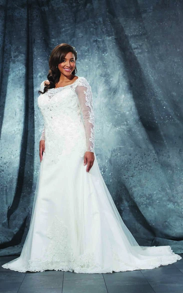 A-Line Floor-Length Bateau Neck Long Sleeve Lace Sweep Train Illusion Appliques Dress