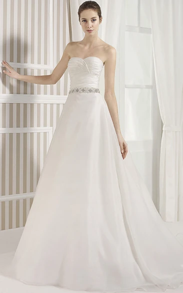 A-Line Long Sleeveless Criss-Cross Sweetheart Satin Wedding Dress With Waist Jewellery And Backless Style