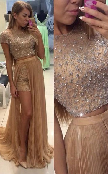 Stunning Two Pieces Prom Dresses Beadings Short Sleeve Split Party Gowns