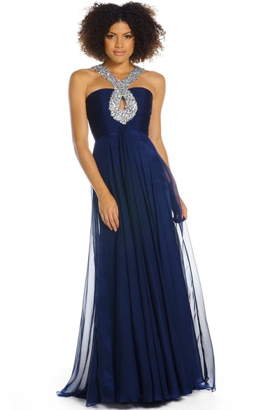 Sleeveless Beaded Strapped Chiffon Prom Dress With Ruching