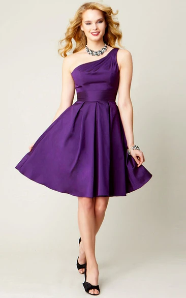 Short One-Shoulder Sleeveless Satin Chiffon Bridesmaid Dress