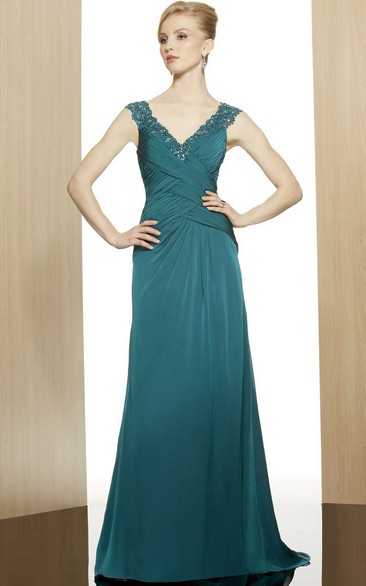 A-Line V-Neck Sequined Sleeveless Long Chiffon Formal Dress With Low-V Back And Ruching