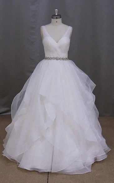 Organza V-Neck Sleeveless Dress With Ruffles and Beaded Waist