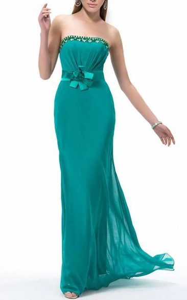 Graceful A Line Strapless Floor Length Sash Flower Beading Evening Dress