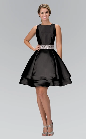 A-Line Short Scoop-Neck Sleeveless Satin Straps Dress With Waist Jewellery And Tiers