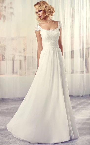 Long Square Cap-Sleeve Lace Chiffon Wedding Dress With V Back