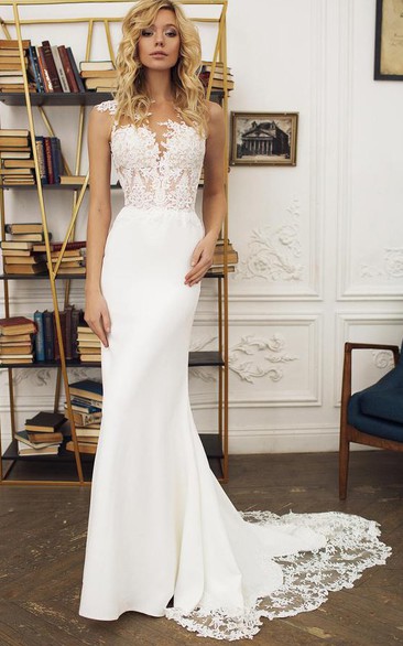 Satin Lace Floor-length Court Train Mermaid Sleeveless Bohemian Wedding Dress