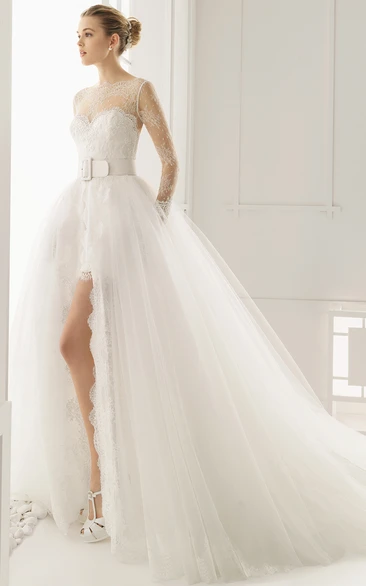 High-Low Stunning Gown With Belt And Ruffles