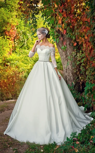 Off-the-shoulder A-line Satin Wedding Dress With Lace Bodice And Beaded Waist