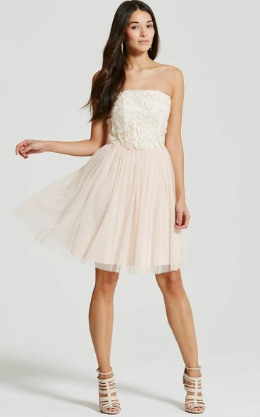 Short Appliqued Strapless Tulle Bridesmaid Dress