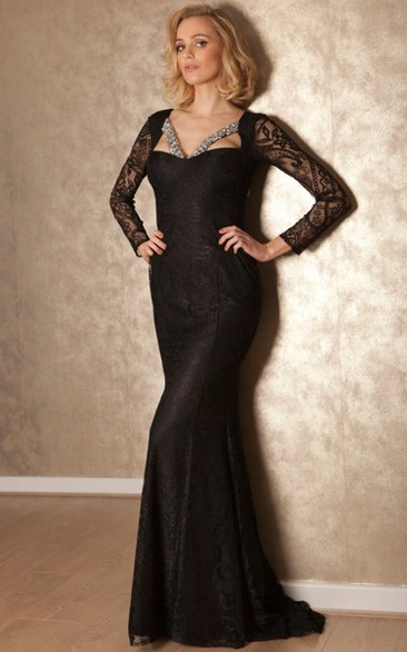 Sheath Maxi Long-Sleeve Beaded Lace Prom Dress