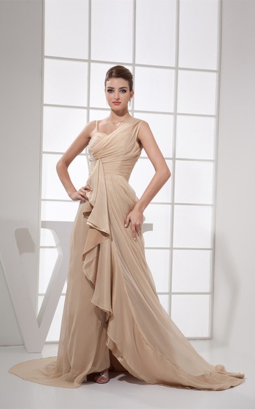 Asymmetrical Floor-Length Ruched Sweep Train and Gown With Draping