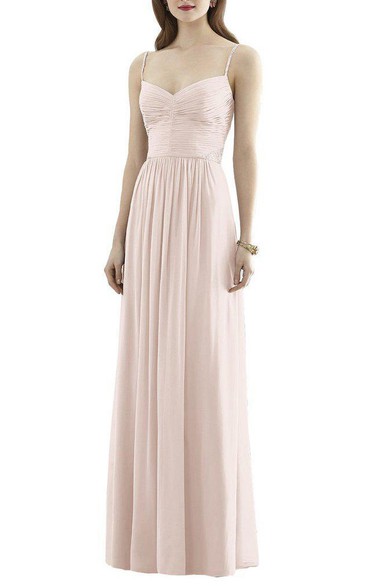 Beaded Spagetti Straps Ruched Long Chiffon Dress