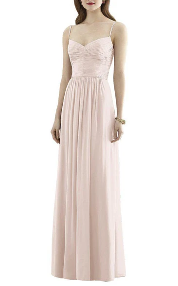 Beaded Spagetti Straps Ruched Long Chiffon Dress