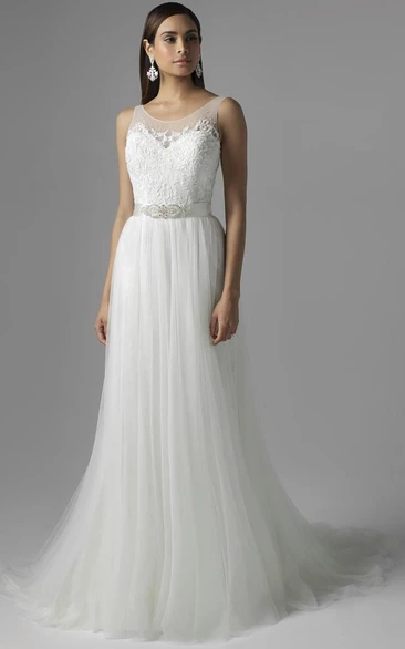 A-Line Scoop Appliqued Sleeveless Floor-Length Tulle Wedding Dress With Waist Jewellery And Pleats