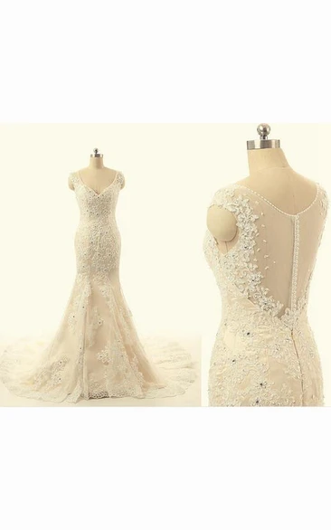 A-Line Tea-Length V-Neck Cap Appliques Court Train Keyhole Tulle Lace Dress