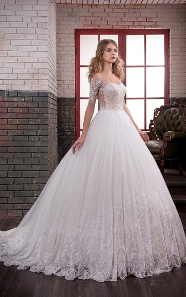 Ball Gown Long Off-The-Shoulder Short-Sleeve Illusion Lace Dress With Appliques And Pleats