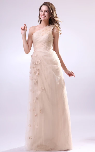 One-Shoulder Chiffon Pleated Dress With Flower and Tulle Overlay