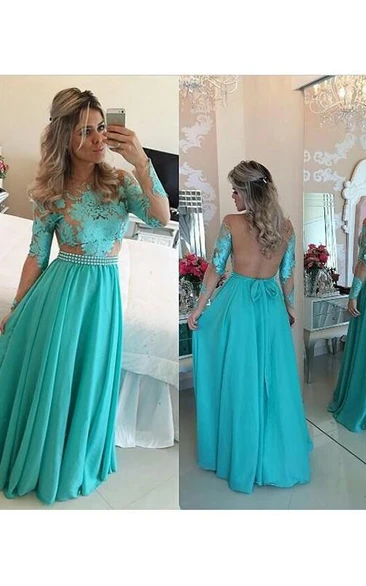 A-line Long Sleeves Scoop Chiffon Floor-Length Applique Dresses