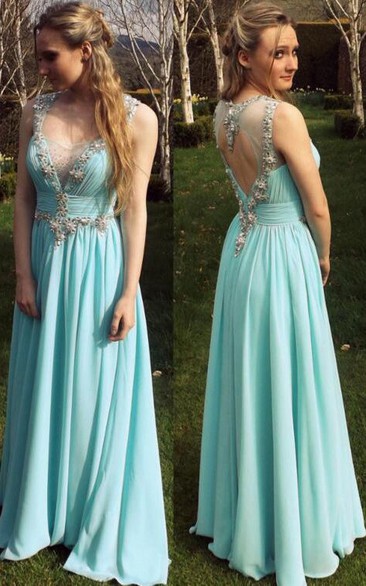 A-line Floor-length Sleeveless Beading Appliques Chiffon Dress